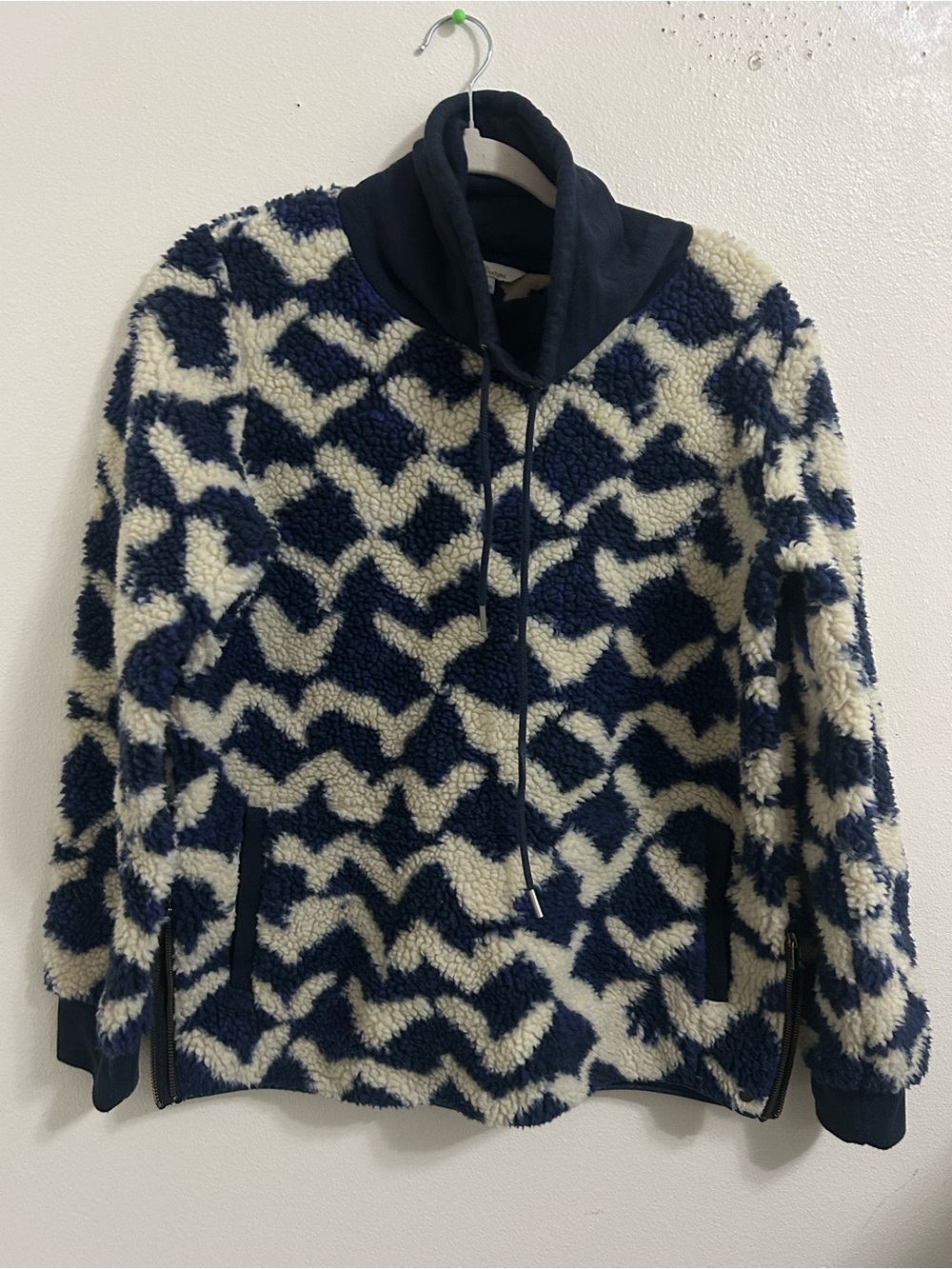 LL Bean Sherpa blue and cream patterned funnel neck sweatshirt